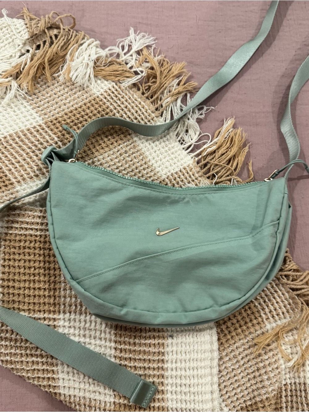Nike Mint Green Crescent Crossbody Bag with Gold Swoosh